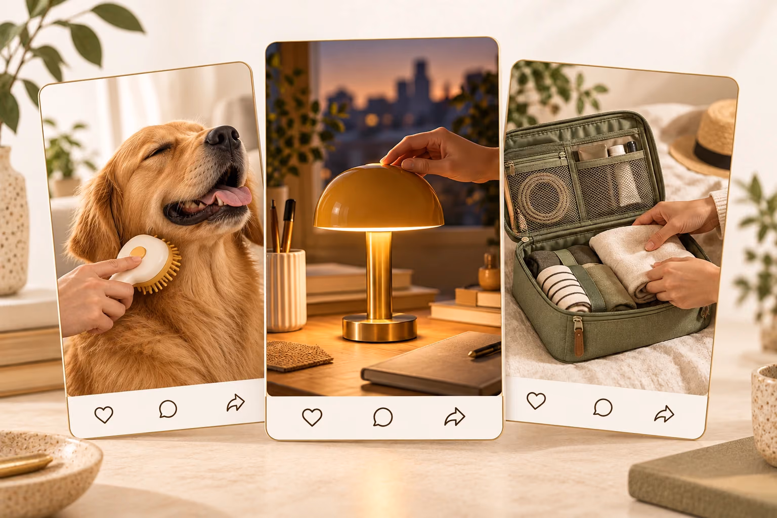 Product ad examples show a dog brush, an ochre lamp and a travel organizer in use